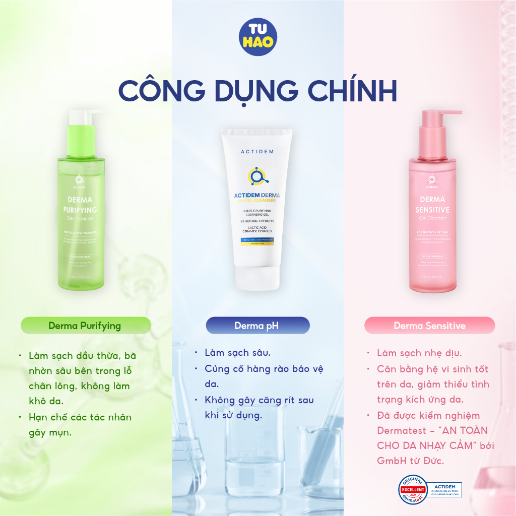 Ảnh GEL RỬA MẶT ACTIDEM TRẮNG HỒNG XANH DERMA/SENSITIVE/PURIFYING GEL CLEANSER 30/150/180ml - Từ Hảo 1