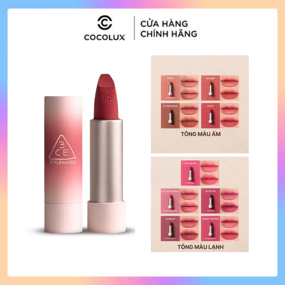 Son Len Thỏi 3CE Cashmere Hug Lipstick Mịn Lì Nịnh Môi | Shopee Việt Nam