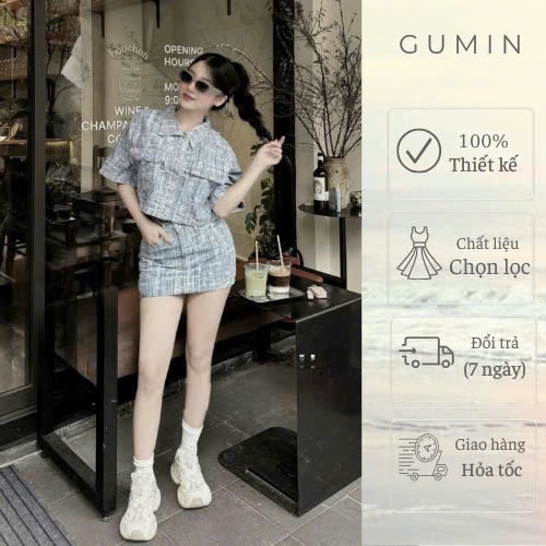 Set bộ áo váy GUMIN thiết kế 2 món gồm áo sơ mi cổ bẻ ngắn tay và chân váy ngắn có quần trong sang trọng cao cấp