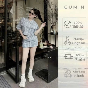 Set bộ áo váy GUMIN thiết kế 2 món gồm áo sơ mi cổ bẻ ngắn tay và chân váy ngắn có quần trong sang trọng cao cấp