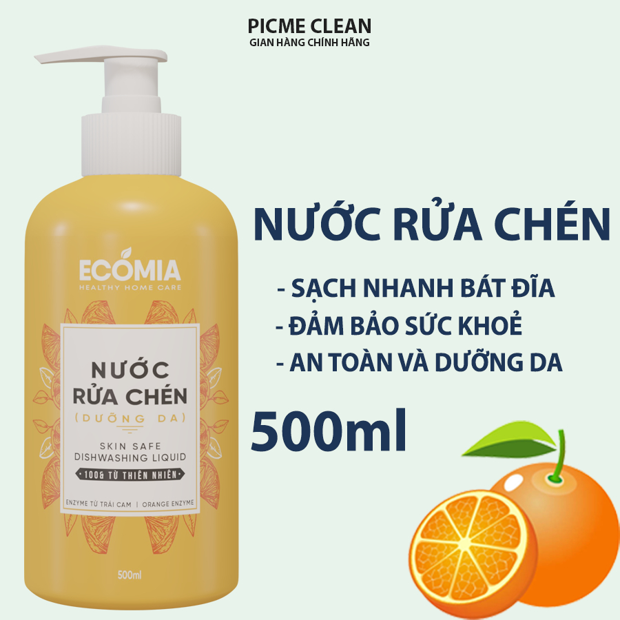 Nước Rửa Chén Sinh Học ECOMIA 500ml Sạch Nhanh, An Toàn, Công Nghệ Enzyme Từ Quả Cam