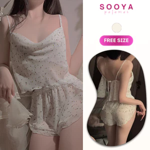 Set Bộ Quần Áo Ngủ Voan Chiffon In Hoa Nổi Viền Ren Nơ Xinh Quyến Rũ 2 Lớp Mềm Mịn N011