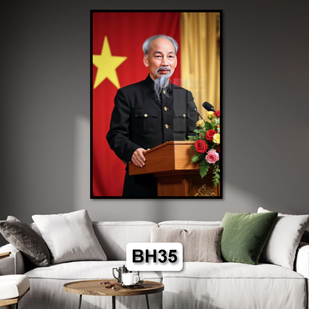 Tranh Bác Hồ - Chủ Tịch Hồ Chí Minh - Tranh Gỗ Tráng Gương Khung Composite Treo Tường