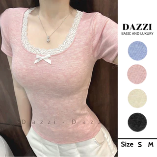Áo thun nữ DAZZI viền ren phối nơ,áo thun babytee cổ vuông viền ren phối nơ form ôm co dãn 4 chiều.