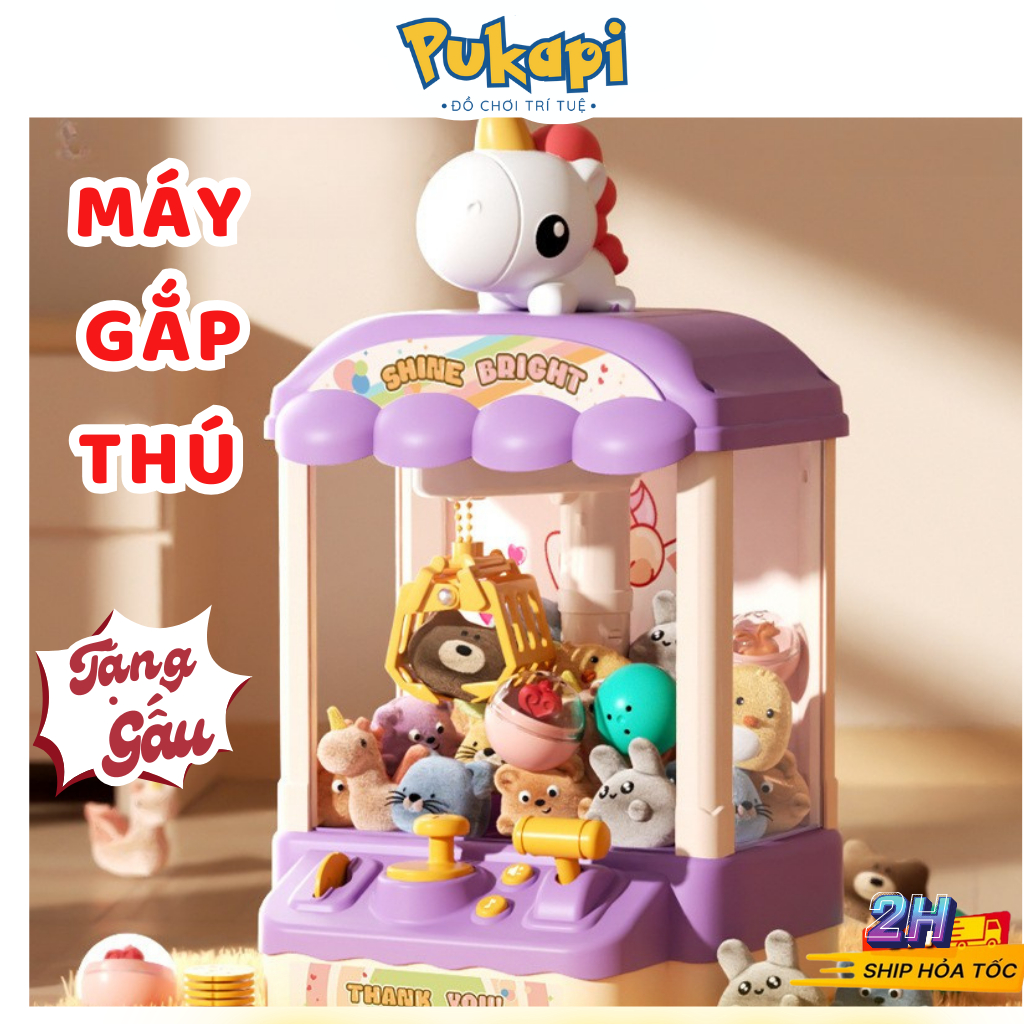 Máy Gắp Thú Bông Mini Cho Bé Kích Thước Lớn Có Nhạc Đèn Gấu Bông Thỏ Gấu Kèm Xu - Đồ Chơi Cho Bé PUKAPI