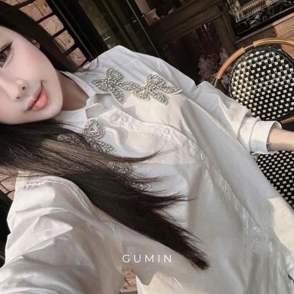 Áo sơ mi trắng GUMIN thiết kế đính đá hồ điệp dáng thụng giấu quần, áo sơ mi nữ sang trọng cao cấp