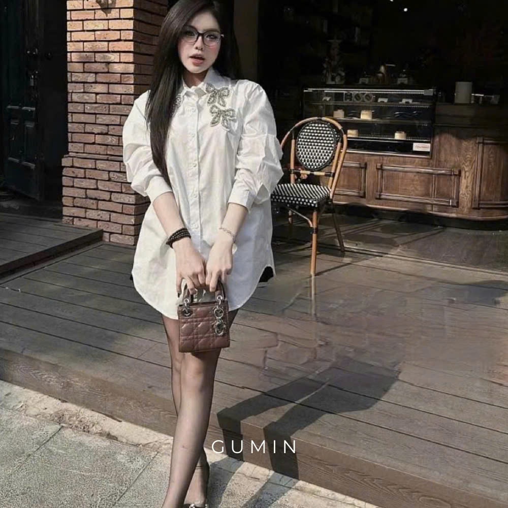 Áo sơ mi trắng GUMIN thiết kế đính đá hồ điệp dáng thụng giấu quần, áo sơ mi nữ sang trọng cao cấp