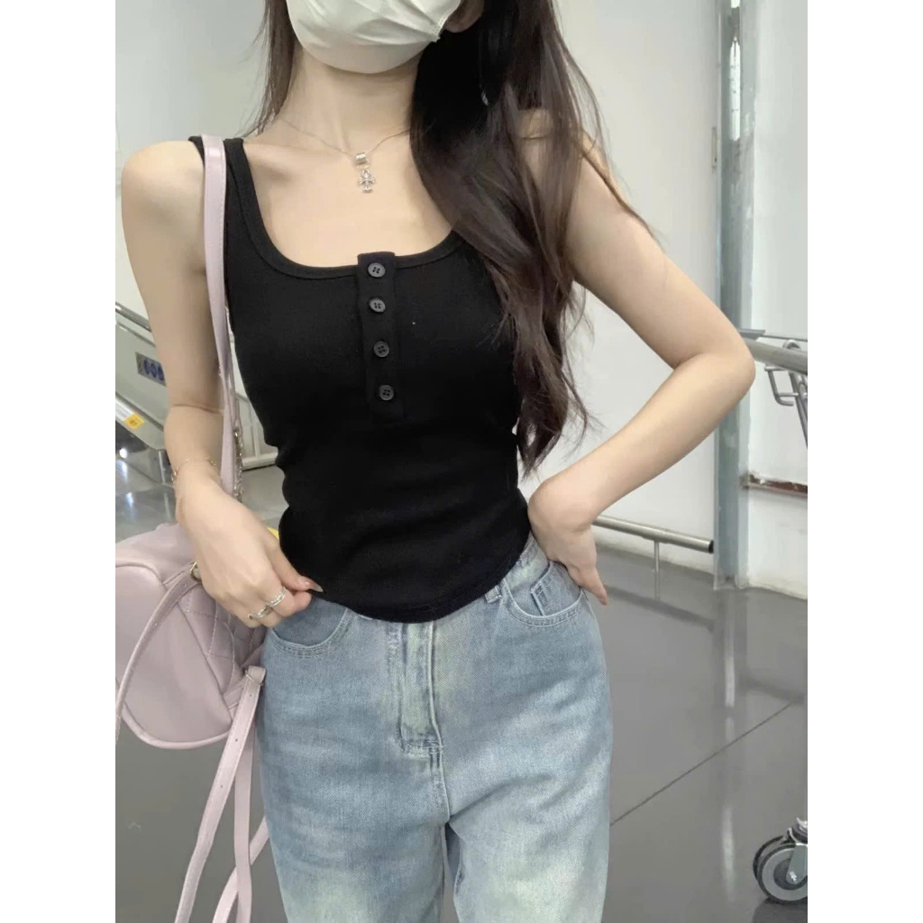 [XẢ KHO] Áo Ba Lỗ Nữ SẴN MÚT NGỰC RANSHI Ôm Body Tôn Dáng Phối Cúc Ngực Chất Thun Gân Dày