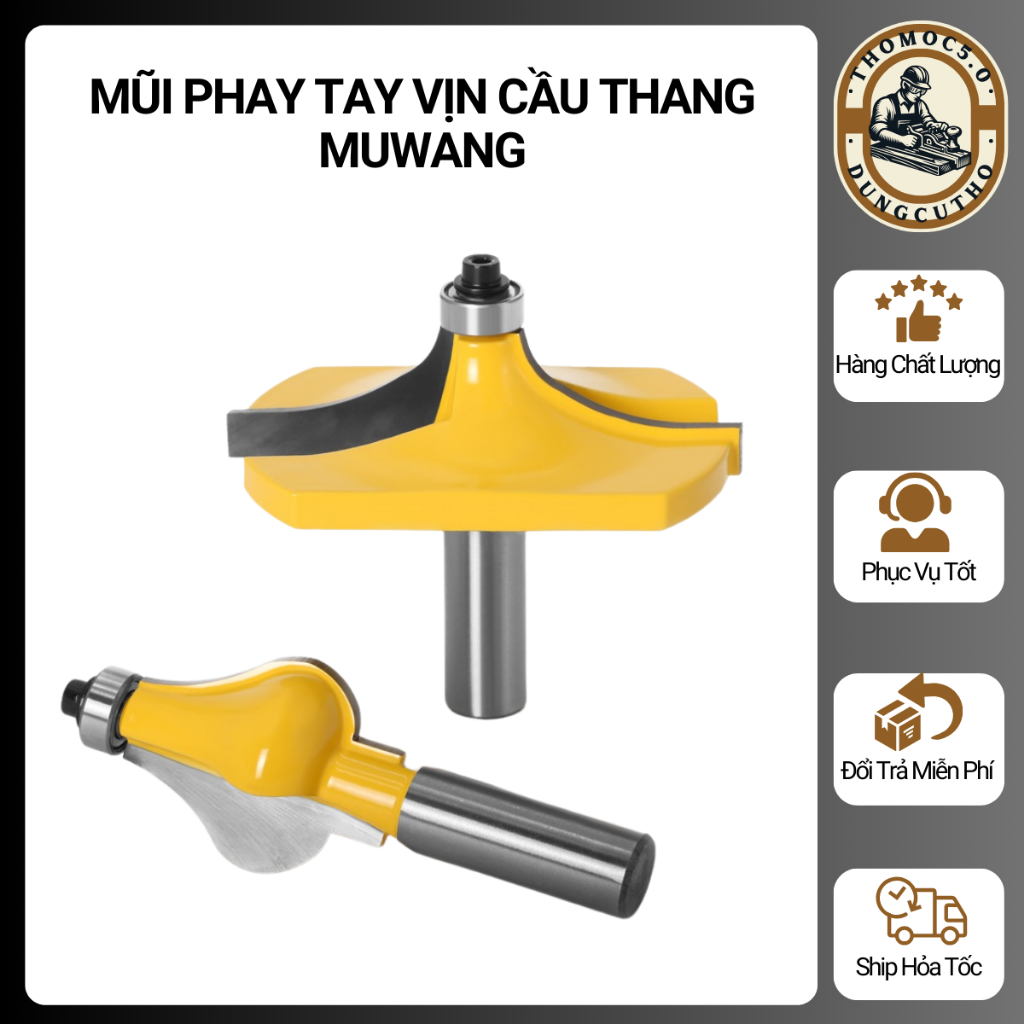 Mũi Soi Gỗ, Mũi Phay Tay Vịn Cầu Thang MUWANG - Chốt 12.7mm, Lười hợp kim siêu bền gia công nội thất