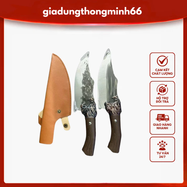 [Kèm Bao Da] Dao Đầu Rồng,Dụng Cụ Nhà Bếp LỌC THỊT, Long Dao Cán Gỗ Lưỡi Dập Vân Mài Sắc Bén, Dao Nhà Bếp Mini Tiện Lợ