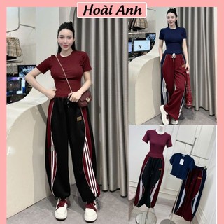 Set Bộ Đồ Nữ TV Đỏ Xanh THan Áo Thun Zip Trơn 4c Ôm Body Ngắn Tay Mix Quần Suông DàiMif Hàn Boom Gấu Phối Sọc Freesize