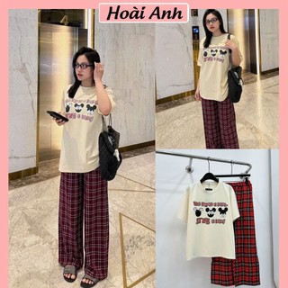 Set Bộ Đồ Nữ Mickey Stays In Dismey Áo Phông Be Ngắn tay Mix Quần Suông Kẻ Caro Đỏ