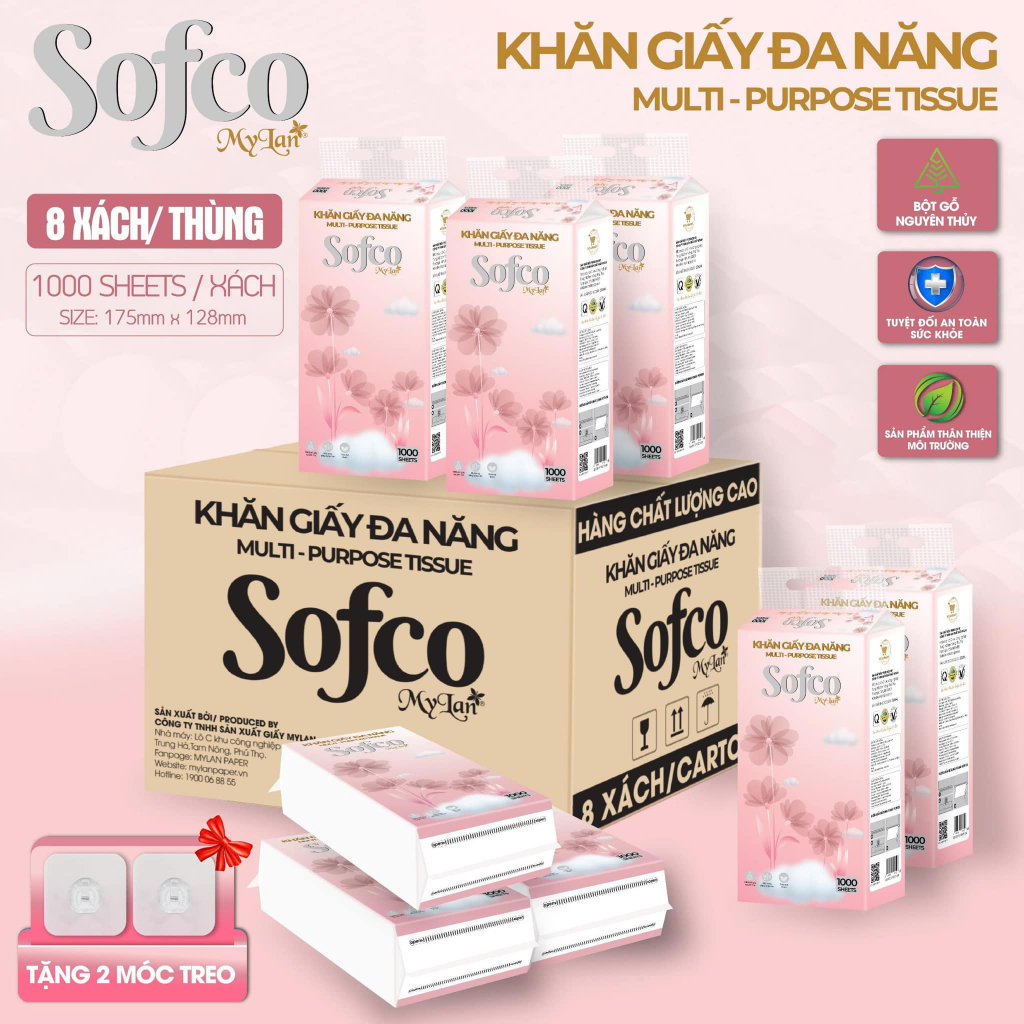 K243_ Giấy rút đa năng cao cấp Sofco 4 lớp (1000 tờ/bịch) TẶNG 2 móc treo tường