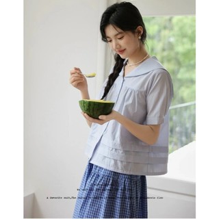 Áo cổ thủy thủ màu xanh babydoll ngắn tay phong cách Hàn Quốc -K5