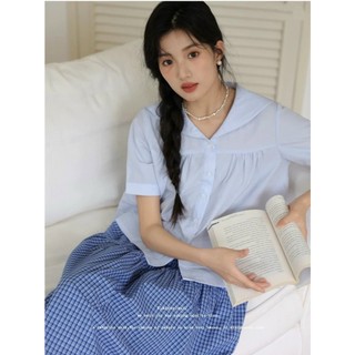 Áo cổ thủy thủ màu xanh babydoll ngắn tay phong cách Hàn Quốc -K5