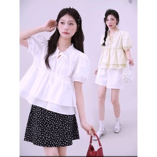 Áo tiểu thư nhún eo 2 tầng bèo cổ buộc nơ tay phồng phong cách Hàn Quốc phù hợp đi học đi làm đi chơi -K1