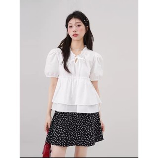 Áo tiểu thư nhún eo 2 tầng bèo cổ buộc nơ tay phồng phong cách Hàn Quốc phù hợp đi học đi làm đi chơi -K1