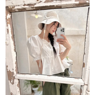 Áo tiểu thư cổ vuông bèo cổ buộc nơ tay bồng màu trắng phong cách Hàn Quốc -K7