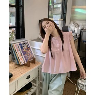 Áo kiểu babydoll cánh tiên bèo cổ xếp ly ngực màu hồng phong cách Hàn Quốc - K0