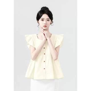 Áo kiểu cánh tiên cổ tròn phối cúc gỗ dáng babydoll phong cách Hàn Quốc - K9