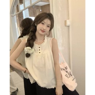 Áo sát nách ba lỗ babydoll bèo cổ bèo gấu áo màu trắng phong cách Hàn Quốc