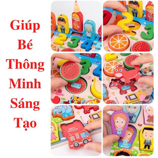 Bộ bảng gỗ câu cá học chữ, học số, ghép hình học động vật, trái cây đồ chơi phát triển trí tuệ cho bé