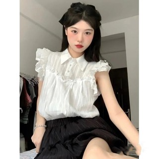 Áo cánh tiên bèo ngực cổ bẻ chất liệu đũi gân phong cách Hàn Quốc - K3