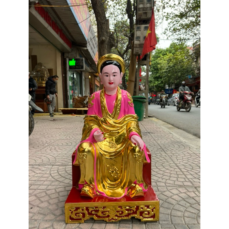 Tượng cô Chín gỗ mít ngồi song thất