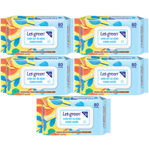 Combo 5 Bao Khăn Giấy Ướt Kháng Khuẩn Khử Mùi Let-green, 80 miếng/bao