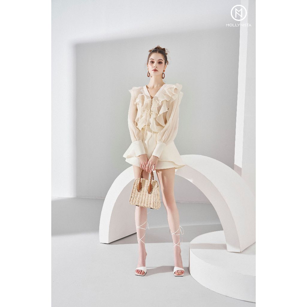 Ảnh Áo thiết kế kem organza tơ bèo tay dài freesize MOLLYNISTA thanh lịch nữ tính cao cấp 4