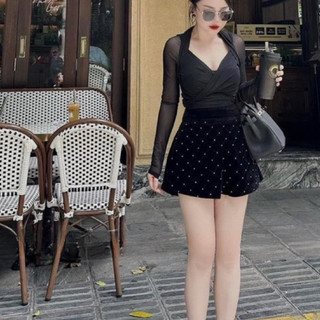 Áo Lưới xoắn ngực trơn -Áo lưới Dài tay xoắn ngực đá cổ xẻ siêu sexy