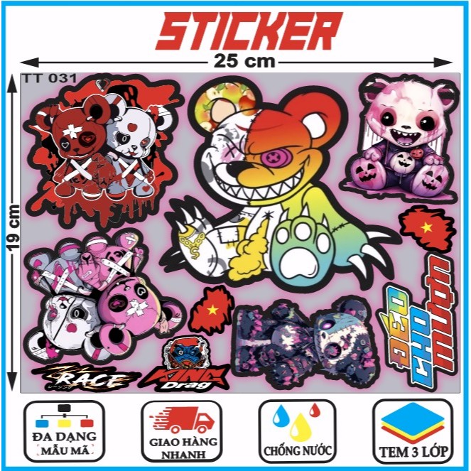 Set ComBo Tem dán,Sticker Dán Gấu Quỷ Bạo Lực Ma Chất Liệu Decal PVC ...