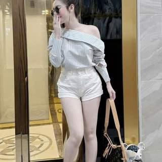 Áo Sơ Mi kẻ Nữ Dáng Lệch Vai Phối Đồ Siêu Đẹp