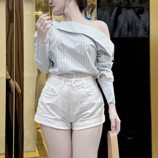 Áo Sơ Mi kẻ Nữ Dáng Lệch Vai Phối Đồ Siêu Đẹp