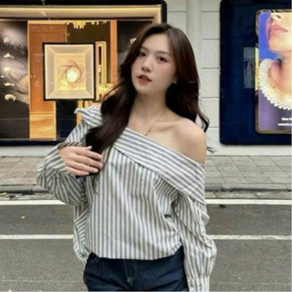 Áo Sơ Mi kẻ Nữ Dáng Lệch Vai Phối Đồ Siêu Đẹp