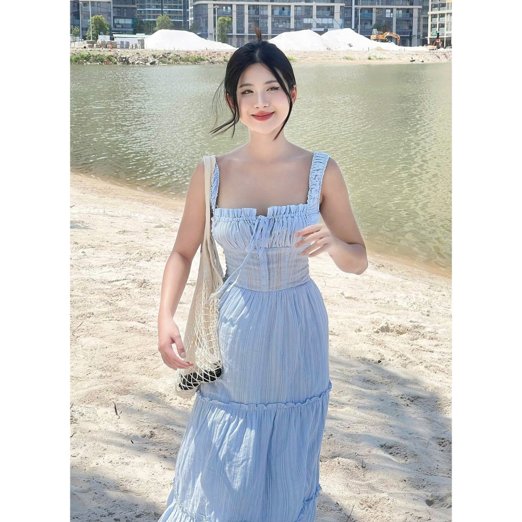 Set Váy Maxi 2 Dây Dáng Dài Màu Xanh Kèm Áo Khoác Mỏng Dài Tay Đi Biển SAN Clothings - P113