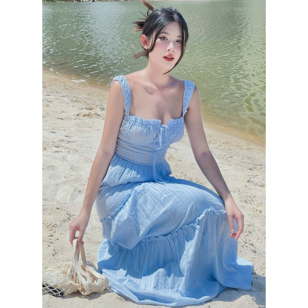 Set Váy Maxi 2 Dây Dáng Dài Màu Xanh Kèm Áo Khoác Mỏng Dài Tay Đi Biển SAN Clothings - P113