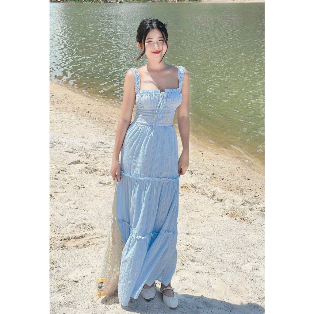 Set Váy Maxi 2 Dây Dáng Dài Màu Xanh Kèm Áo Khoác Mỏng Dài Tay Đi Biển SAN Clothings - P113