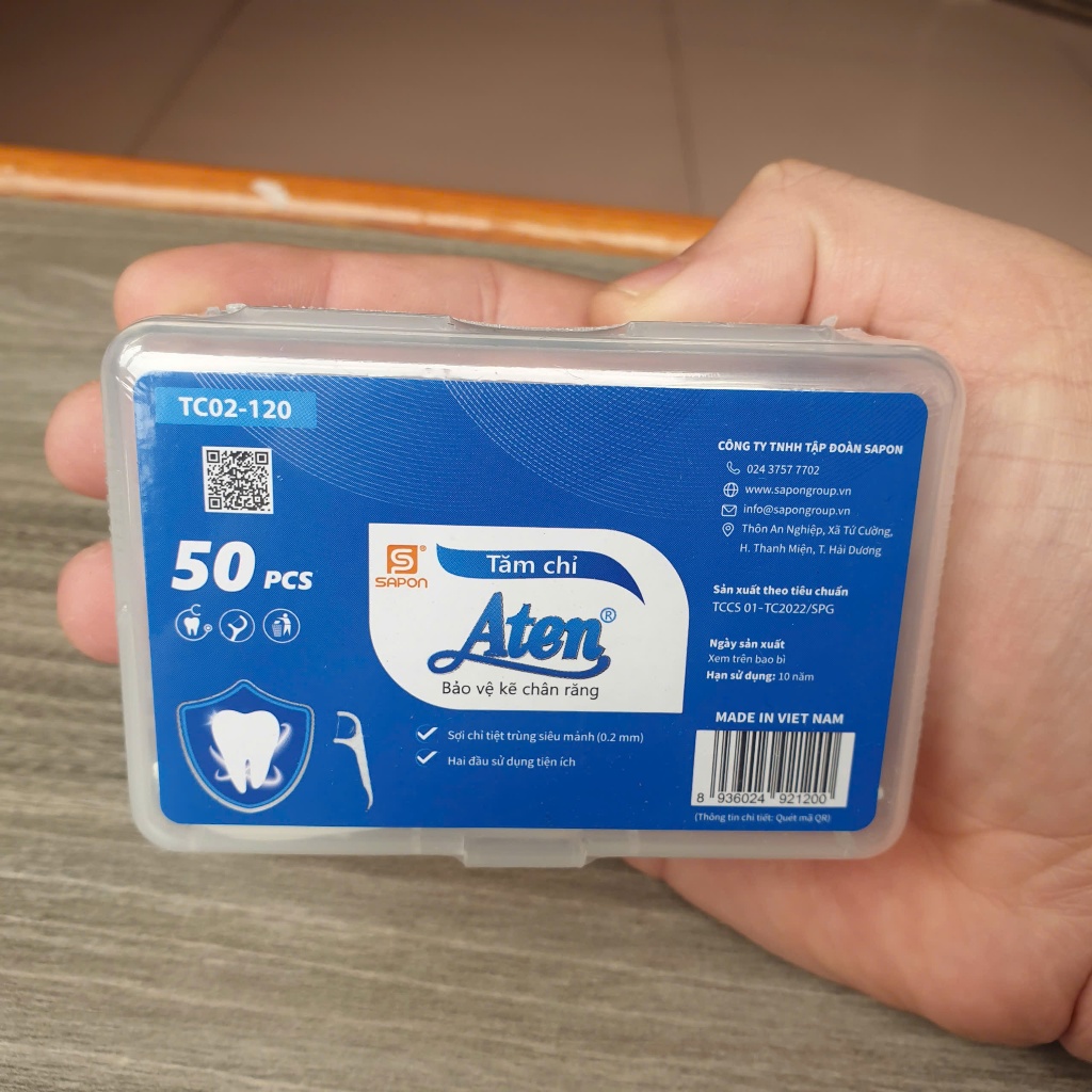 Tăm chỉ nha khoa ATEN sợi chỉ mảnh, tăm chỉ nha khoa vệ sinh kẽ răng TC02-120. Hộp nhựa 50 chiếc