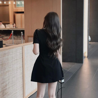 Váy nữ đen phối cổ sơ mi trắng tiểu thư sang chảnh, đầm nữ cộc tay dáng ngắn xòe họa tiết đính đá sang trọng HCOM25395