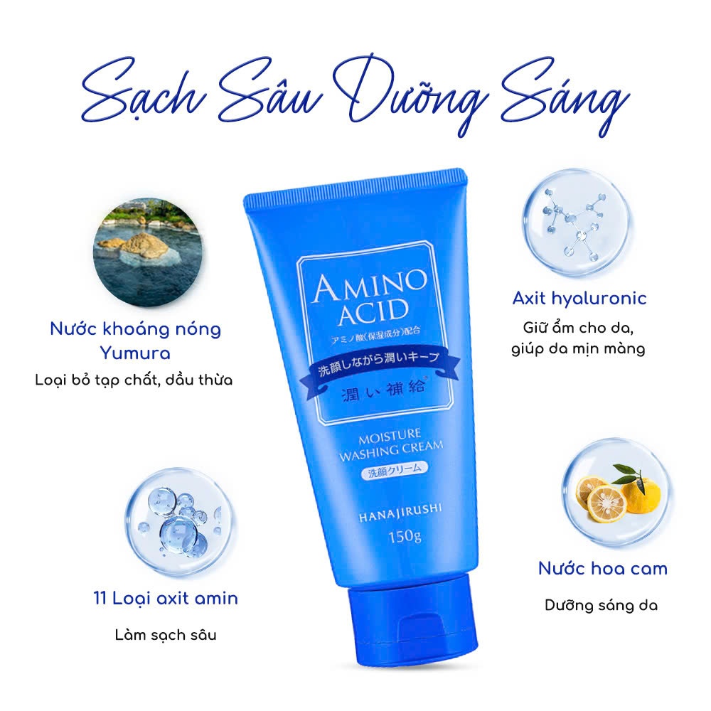 Sữa Rửa Mặt Sạch Sâu HANAJIRUSHI Moisture Washing Cream 150g, Loại Bỏ Bã Nhờn, Dưỡng Ẩm