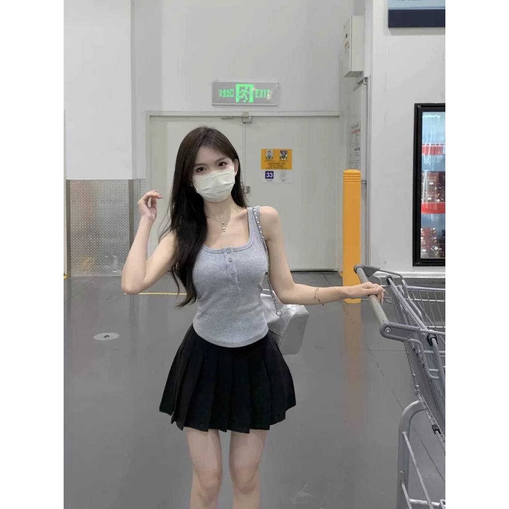 [XẢ KHO] Áo Ba Lỗ Nữ SẴN MÚT NGỰC RANSHI Ôm Body Tôn Dáng Phối Cúc Ngực Chất Thun Gân Dày