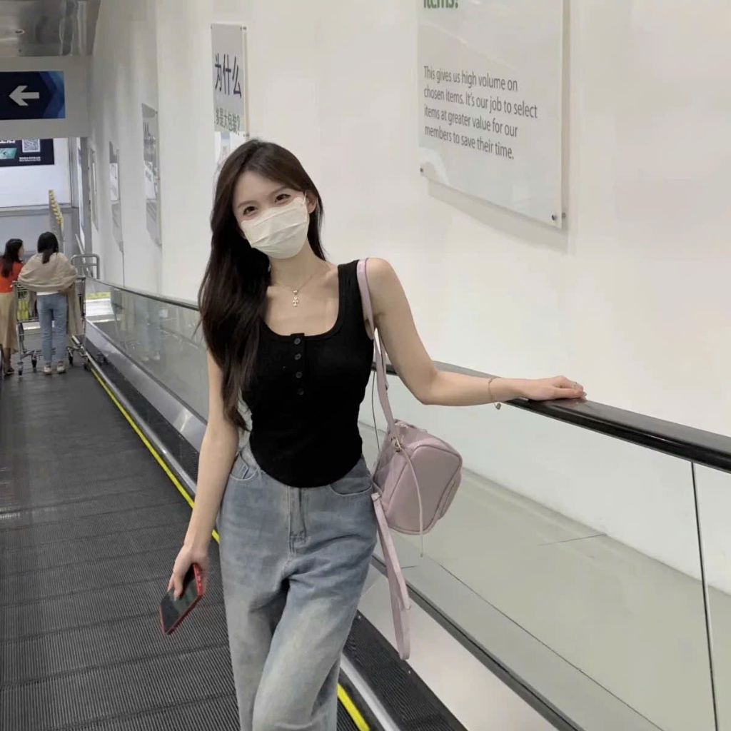 [XẢ KHO] Áo Ba Lỗ Nữ SẴN MÚT NGỰC RANSHI Ôm Body Tôn Dáng Phối Cúc Ngực Chất Thun Gân Dày