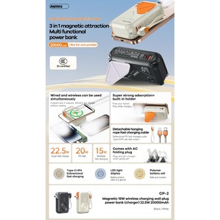 [Có 3C] Sạc Dự Phòng không dây 15W Remax CP-2 20000mAh TypeC & LaiNing out 20W, chân cắm 220V