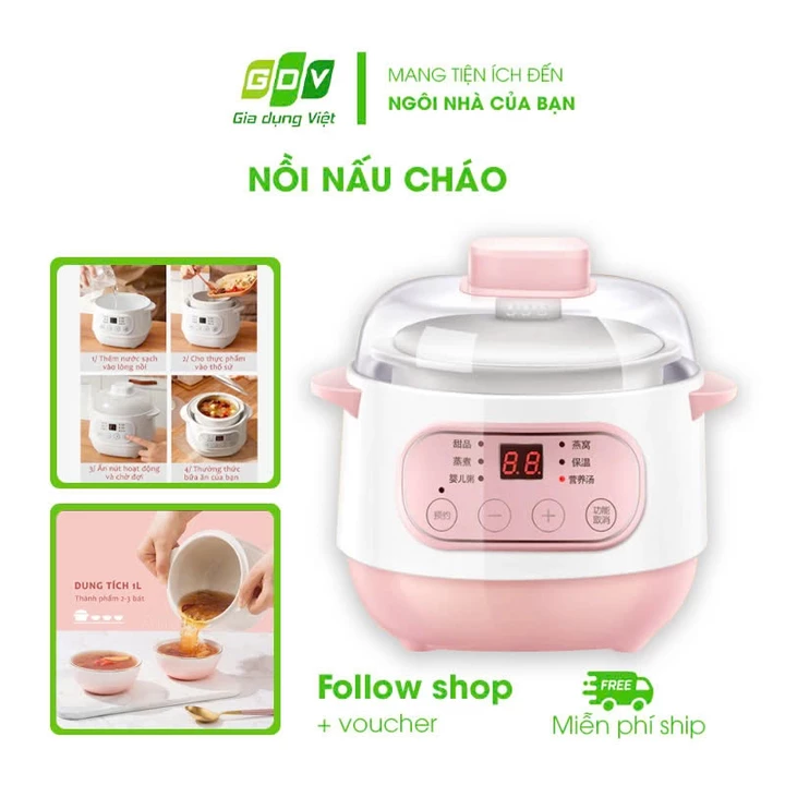 Nồi Nấu Cháo Chậm Cho Bé Ăn Dặm Hẹn Giờ Tích Hợp 6 Chế Nấu Cháo, Hầm, Hấp,Chưng Yến Hấp Cách Thủy Đa Năng