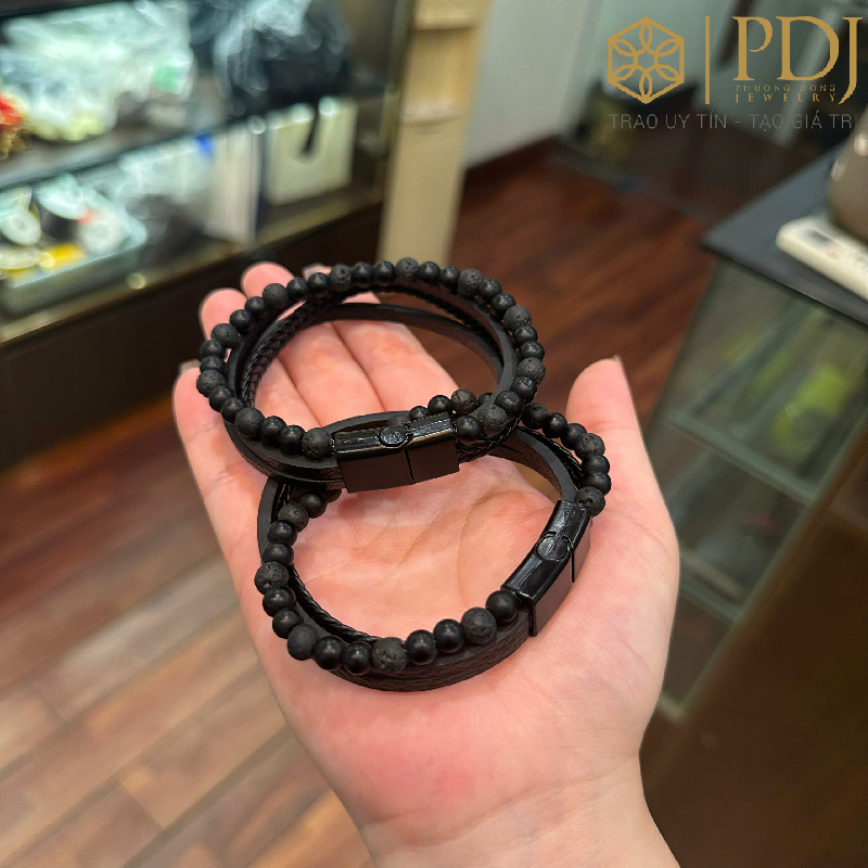 Ảnh Vòng Tay Đá Núi Lửa Dây Da Obisidian PDJ - Trang sức phong thủy may mắn 1