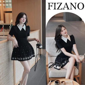 Đầm nữ, váy nữ thiết kế tuyết mưa cổ bẻ đính đá siêu sang có quần lót trong Fizano HCOM25395