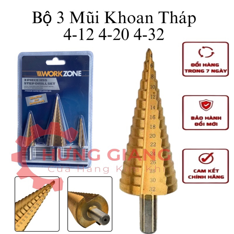 Bộ 3 Mũi Khoan Tháp Đa Năng WORKZONE 4-12mm 4-20mm 4-32mm