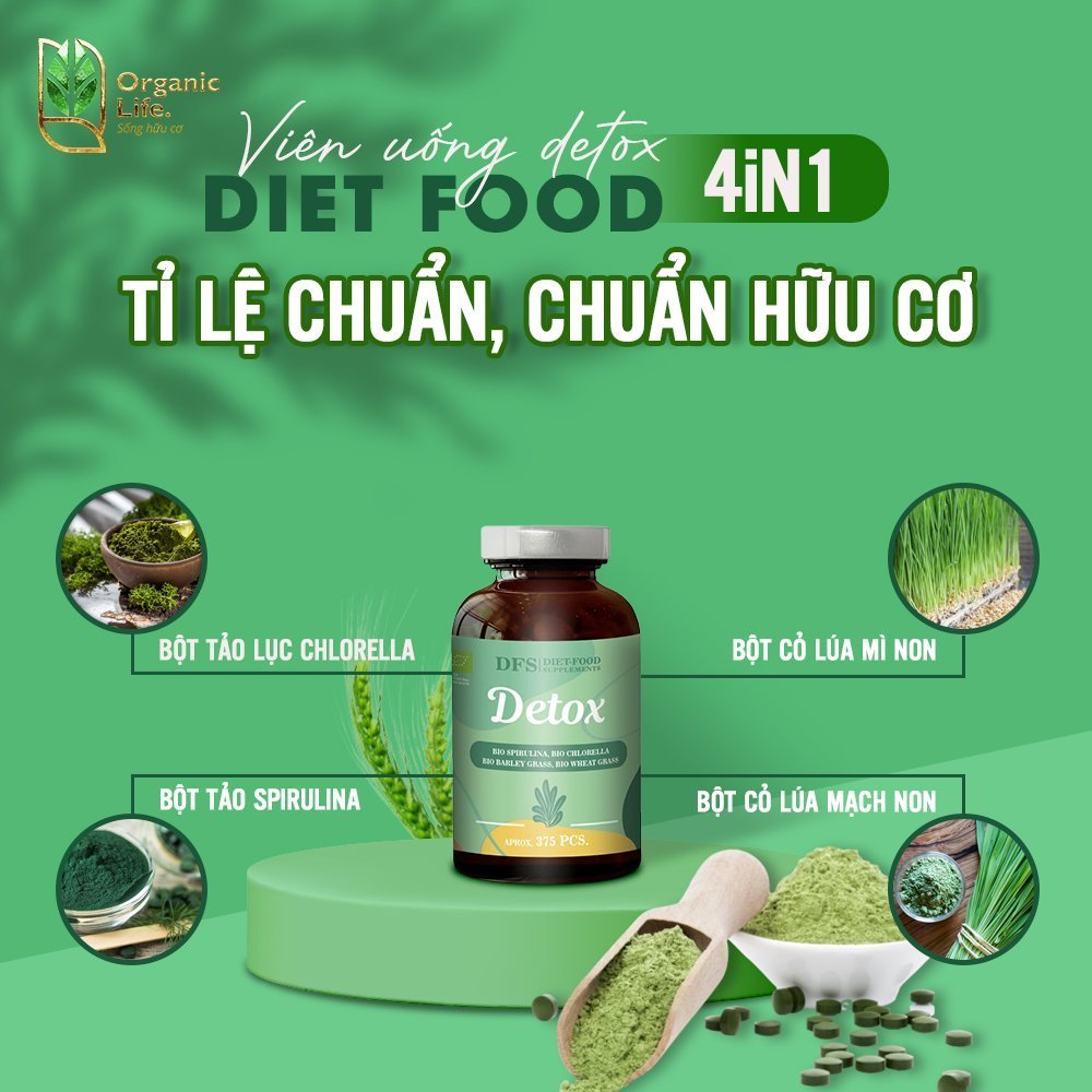 [11.2026] Viên uống detox hữu cơ Diet-food 375v, hỗn hợp bột tảo và bột cỏ lúa mì