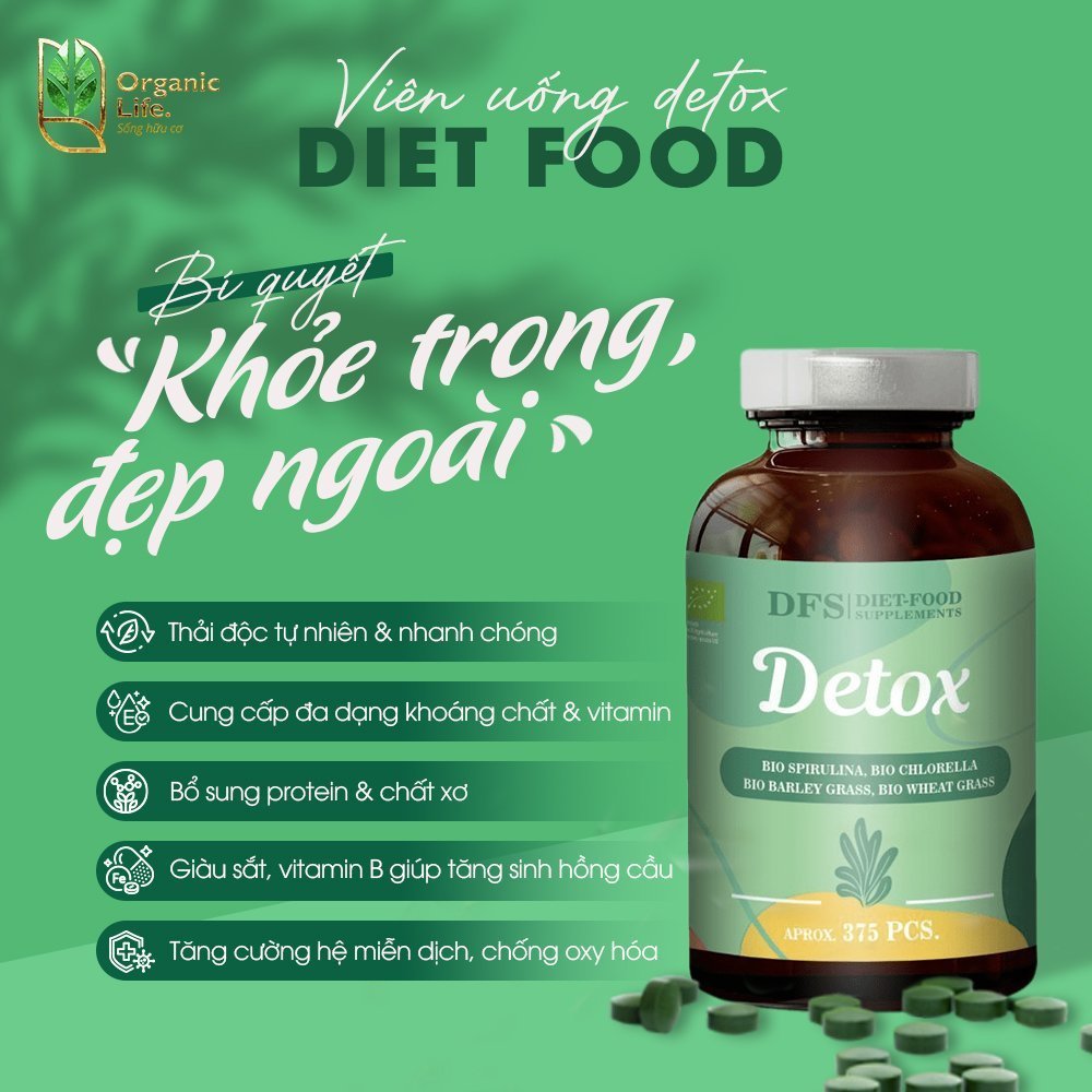 [11.2026] Viên uống detox hữu cơ Diet-food 375v, hỗn hợp bột tảo và bột cỏ lúa mì